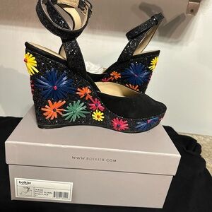 Botkier Black Wedge Sandals with Multicolor Floral Appliqués